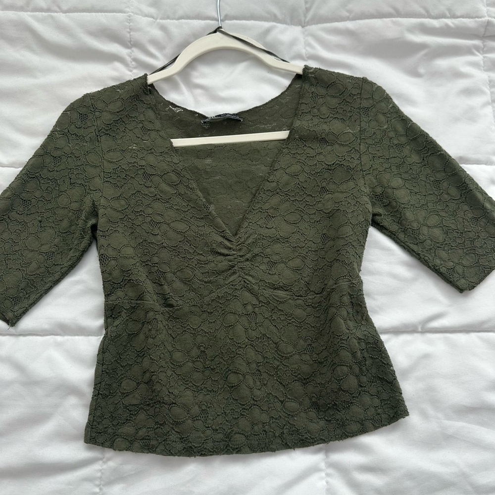 Zara Olive Lace V-Neck Blouse